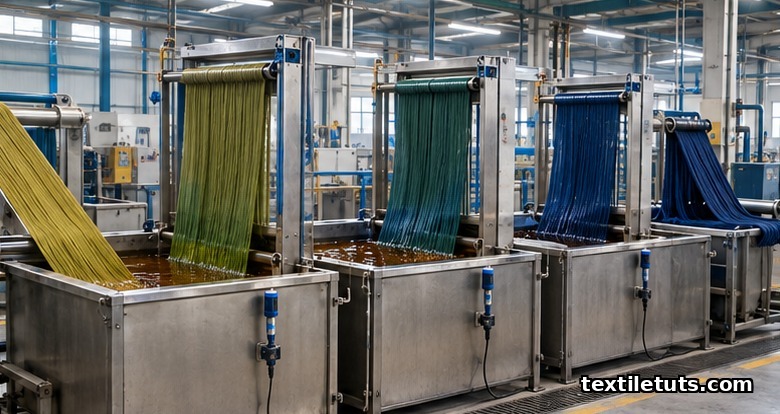 Indigo dye line with a warp sheet dipping through a row of vats and skying frames where the yarn oxidizes from yellow-green to deep blue.