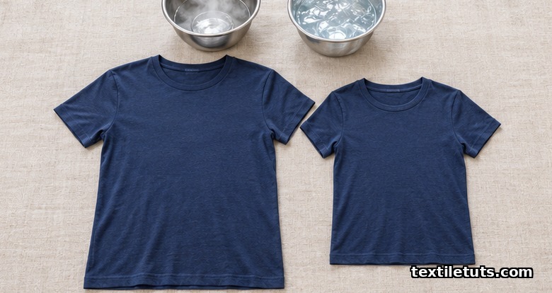 Two navy modal T-shirts side by side, one slightly smaller after a warm wash, with hot and cool water bowls