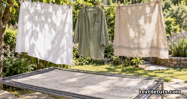 Linen sheet, shirt and tablecloth on a sunny clothesline with a heavy linen towel drying flat on a mesh rack
