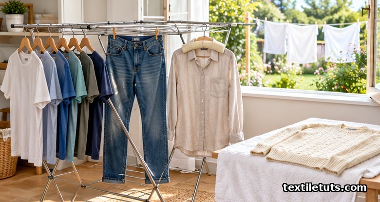 Clothes air drying on a steel rack beside a wool sweater laid flat, with a sunlit clothesline visible through a window