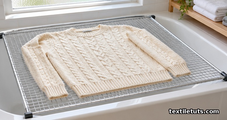 Cable-knit wool sweater reshaped and laid flat on a wire mesh drying rack over a bathtub to prevent stretching
