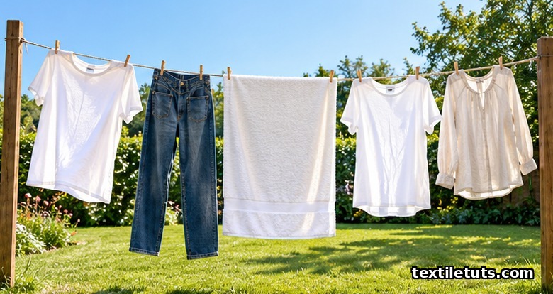 Jeans, towels and white cotton shirts drying on a taut outdoor clothesline with wooden pins in bright sunshine