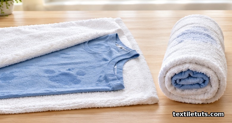 Damp t-shirt laid between two dry bath towels next to the same layers rolled tightly to wick out moisture