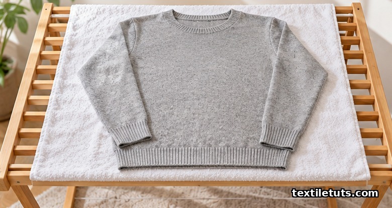 A wool sweater laid flat on a white towel over a wooden drying rack, flat-drying to preserve loop structure.