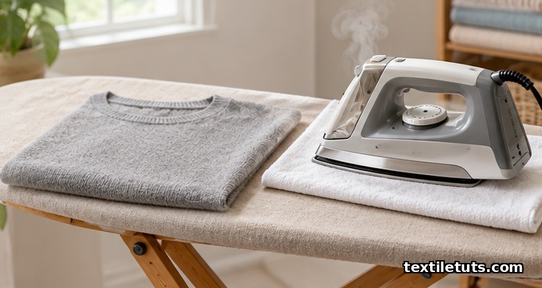 An iron at medium heat pressing through a cloth onto a cotton knit garment on a wooden ironing board, with gentle steam rising.