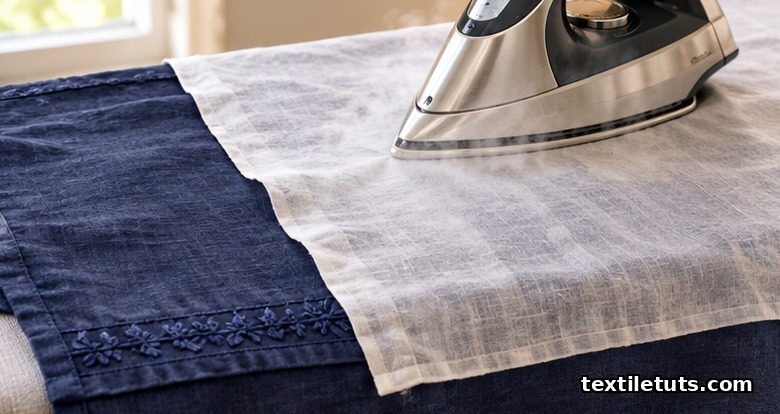 Steam iron pressing dark navy linen through a damp white cotton muslin pressing cloth to prevent iron shine