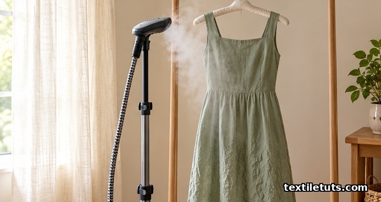 Standing garment steamer releasing steam onto a hanging sage-green linen dress, with a linen curtain behind