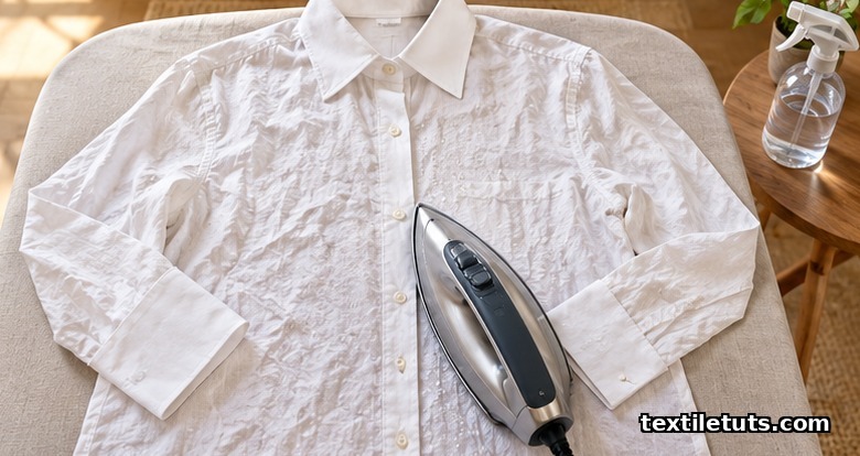 White linen shirt with pressed collar and cuffs, iron tip at the placket along the grain, spray bottle beside