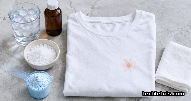 White cotton shirt with a faded blood stain beside cold water, salt, peroxide bottle and enzyme detergent
