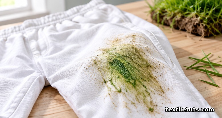 White cotton sports trousers with a green and olive grass stain on the knee beside fresh grass blades