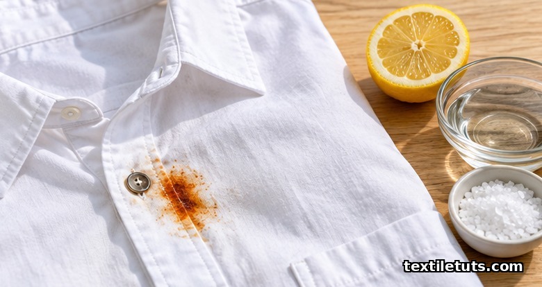 Rust stain on a white cotton shirt beside a halved lemon, white vinegar, and salt for home rust stain removal