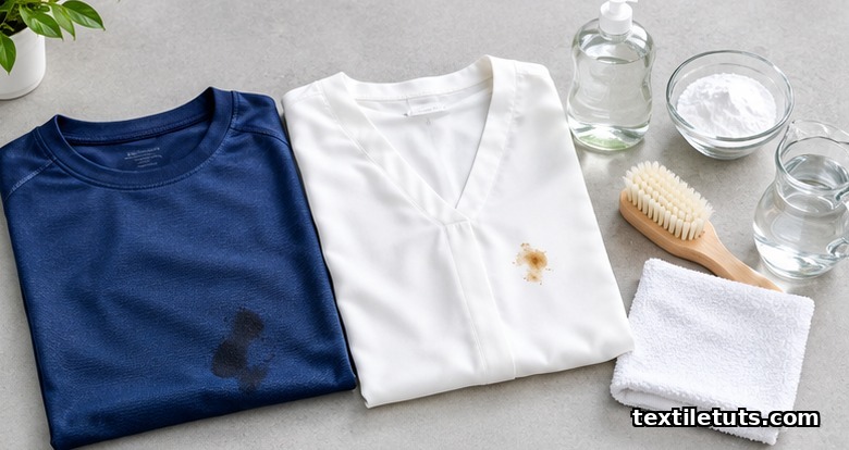 Stained polyester shirts on a counter with dish soap, baking soda, vinegar, and a soft brush for stain removal