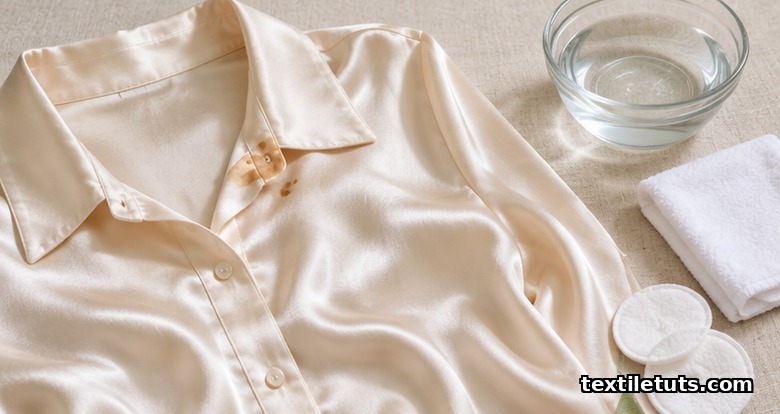 Ivory silk charmeuse blouse with a small coffee stain beside cold water, a white cotton cloth and cotton pads