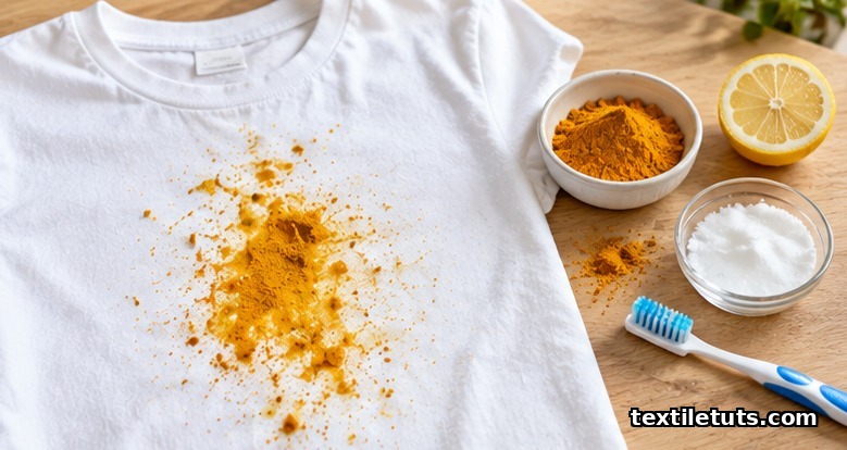 White cotton t-shirt with a yellow turmeric stain beside turmeric powder, lemon, stain paste and a toothbrush