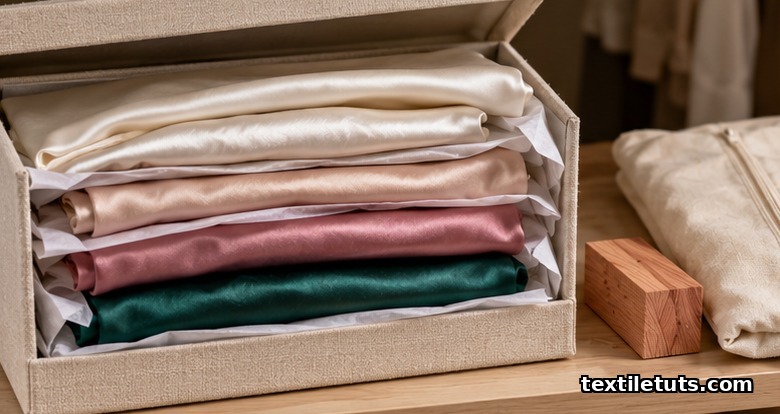 Folded silk clothes layered with acid-free tissue in a linen archival storage box beside a cedar block