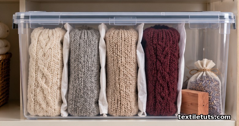 Folded wool sweaters stored upright in a clear airtight bin with tissue paper, a cedar block and a lavender sachet