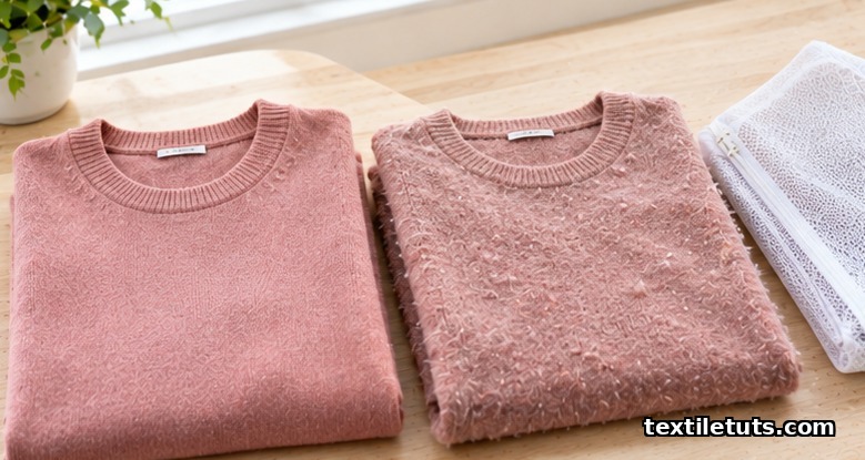 Smooth acrylic sweater beside a pilled acrylic sweater, with a mesh laundry bag on a laundry counter