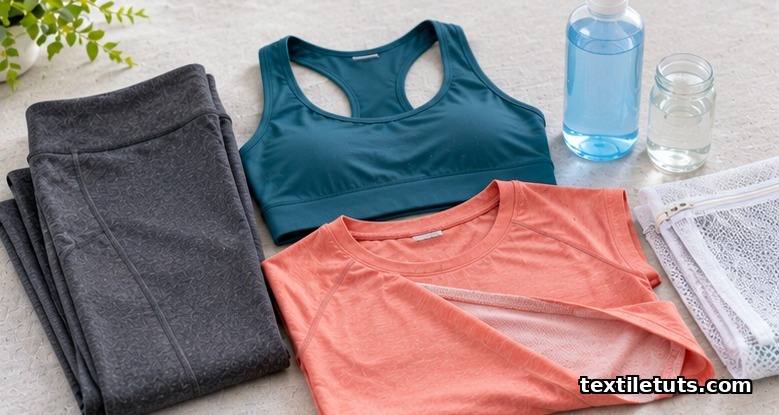 Folded activewear leggings, sports bra and tee turned inside out beside liquid detergent, vinegar and a mesh laundry bag