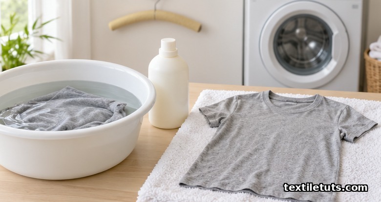 Bamboo garment soaking in a basin of cold water next to another drying flat on a white towel