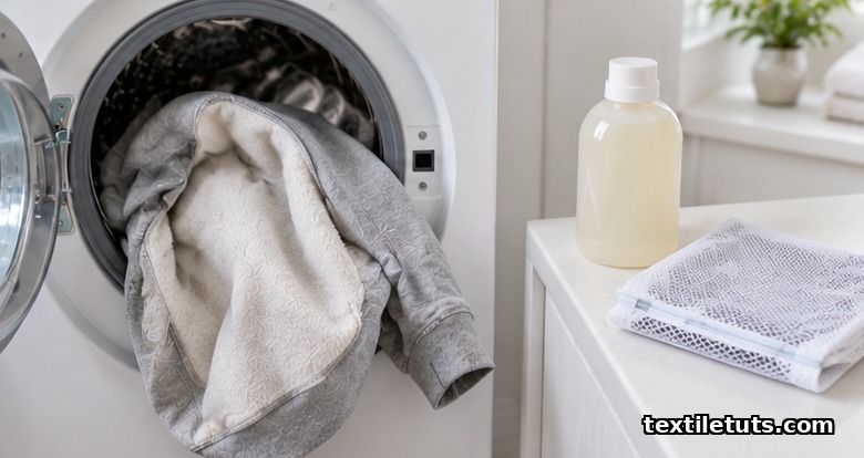 Inside-out grey fleece sweatshirt going into a front-loading washer beside mild liquid detergent and a mesh bag