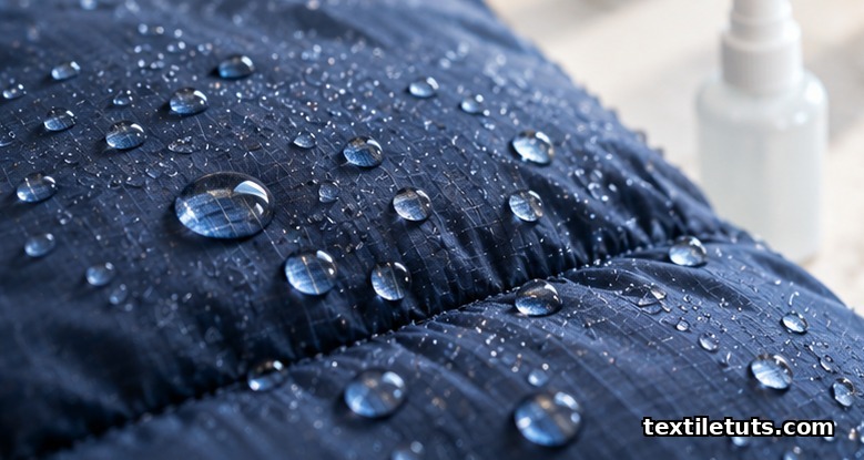Macro of water droplets beading on a down jacket's ripstop nylon shell, showing an intact DWR coating