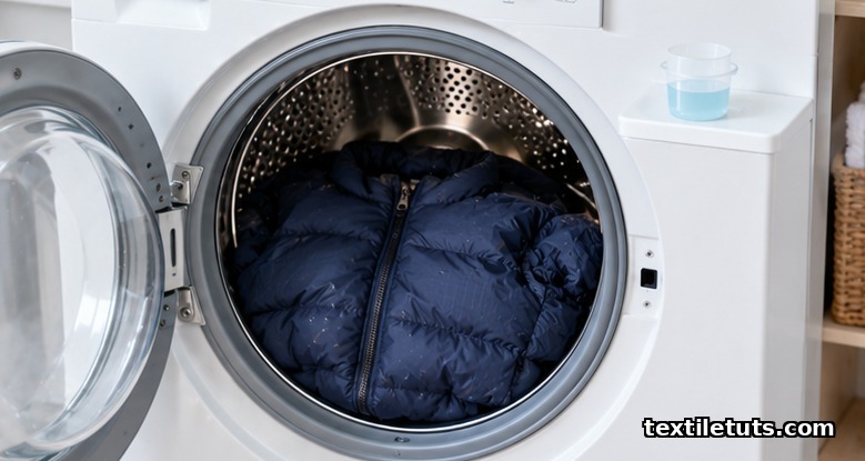 Down jacket turned inside-out alone in a front-loading washing machine drum with a small cap of down detergent