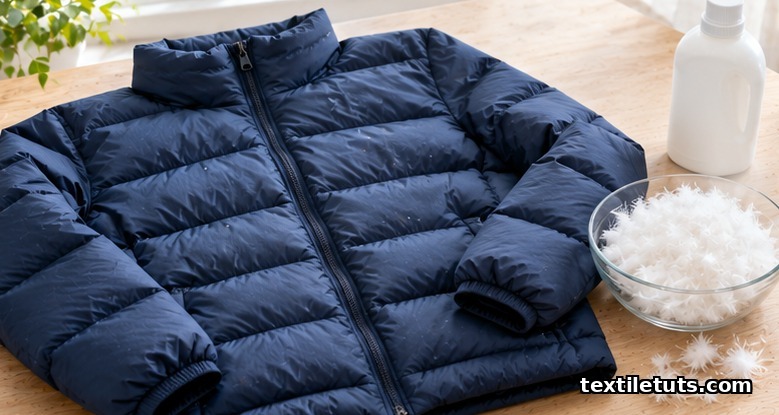 Lofted navy down jacket on a wooden table beside a bowl of fluffy white goose-down clusters and a plain wash bottle