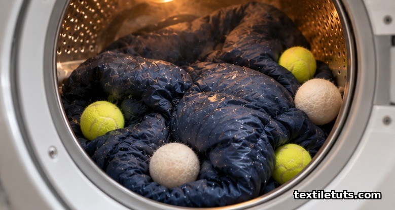 Down jacket tumble drying on low heat with tennis balls and wool dryer balls breaking up wet down clumps