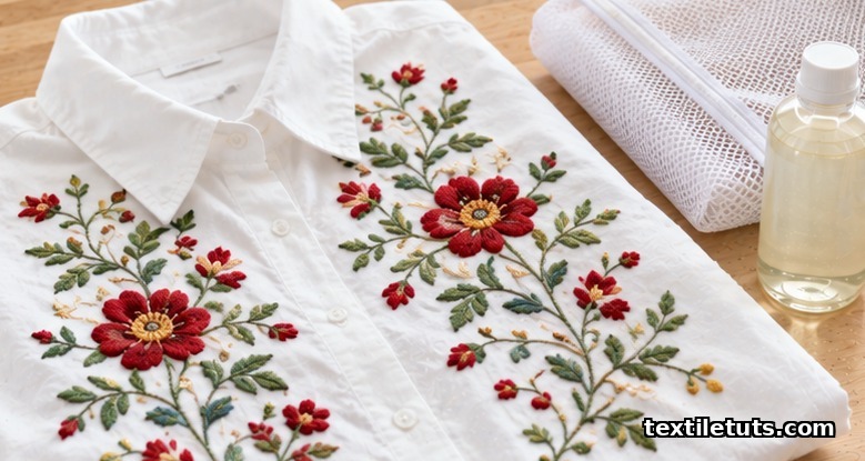 White cotton shirt with raised floral embroidery beside a mesh laundry bag and gentle liquid detergent