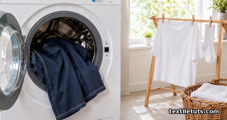 Inside-out cotton T-shirt in a front-loading washer set to cold, with a tee and socks line-drying on a rack