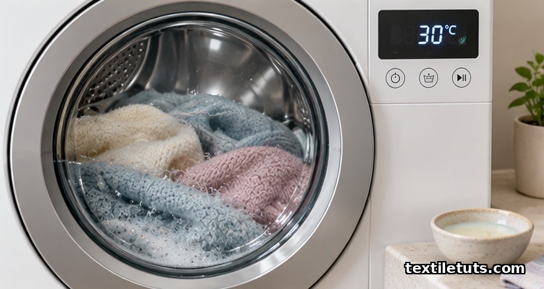 Front-loading washing machine drum with cool water, gentle knit garments, display set to 30 degrees Celsius, beside a dish of liquid detergent.