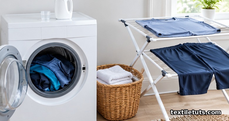 Washer with a separate microfiber load, liquid detergent, and microfiber clothes air-drying on a rack