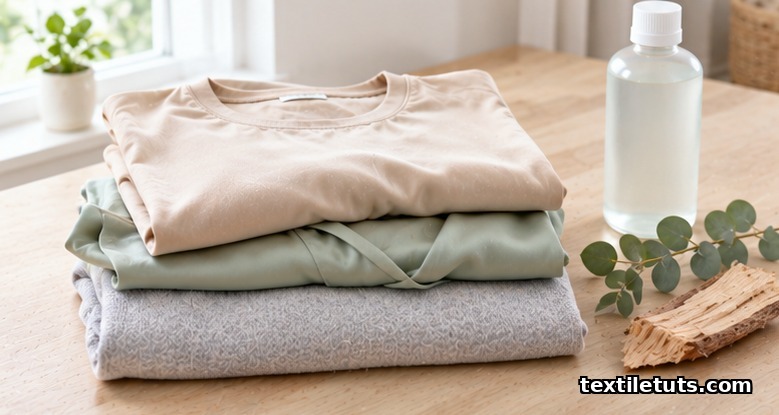 Folded modal and Tencel garments on a laundry counter beside eucalyptus leaves, beech bark and a detergent bottle