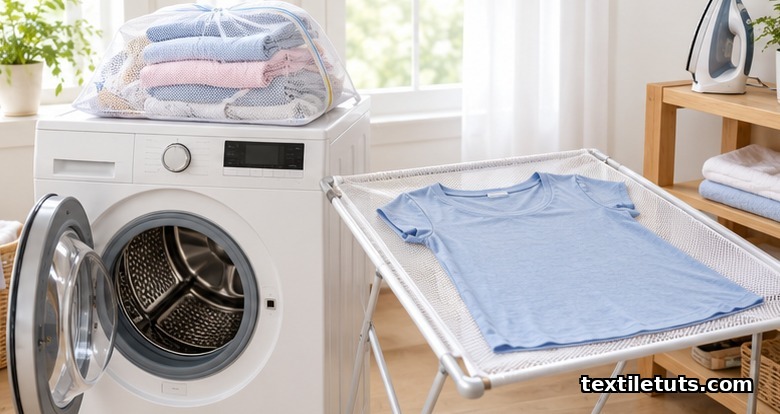Front-loading washer with modal garments in a mesh bag and a modal top air drying flat on a mesh rack