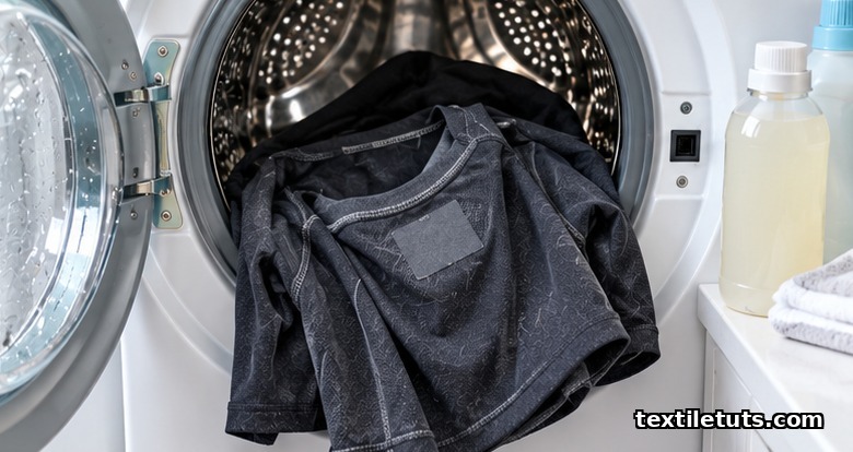 Polyester sports tee turned inside out going into a front-loading washer, with fabric softener set aside unused