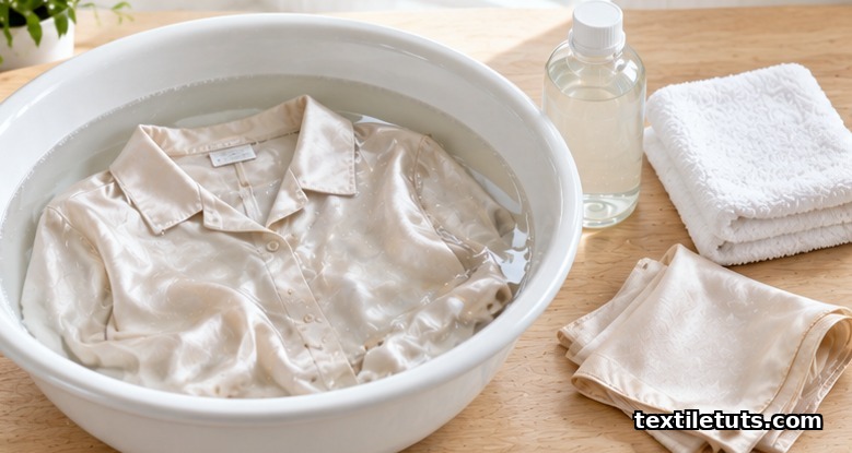 Champagne silk blouse soaking in a basin of cold water beside pH-neutral wash and a white towel for washing silk at home