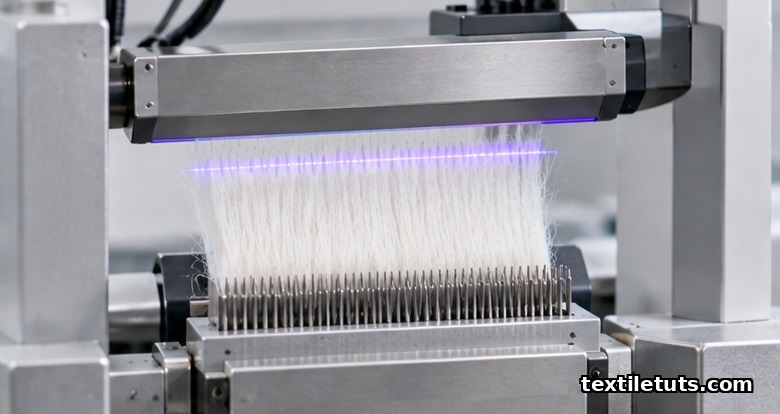 HVI instrument scanning a parallel cotton fiber beard with an optical sensor bar, the method used to report UHML and uniformity index.
