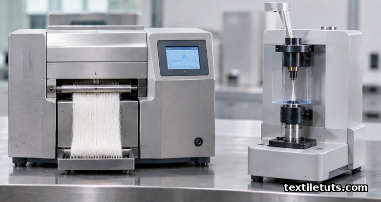 Side-by-side comparison of an HVI classing console and a bench-top AFIS unit on a neutral industrial mill quality-control bench.