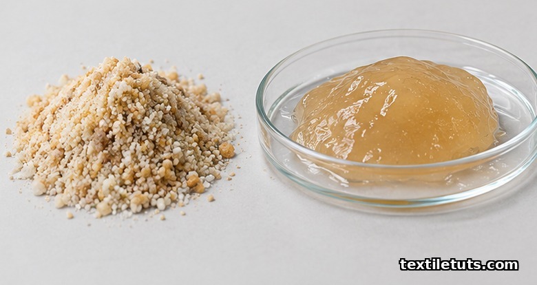 Side-by-side view of dry hydrocolloid granules next to the same material after swelling into a soft translucent gel in a petri dish.