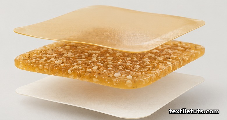 Exploded cross-section of a hydrocolloid dressing showing the polyurethane backing film, adhesive matrix with granules, and release liner.