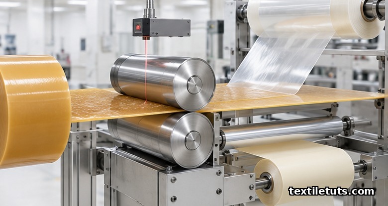 Industrial roll-to-roll lamination line laminating hydrocolloid sheet to polyurethane backing film between heated steel nip rollers.