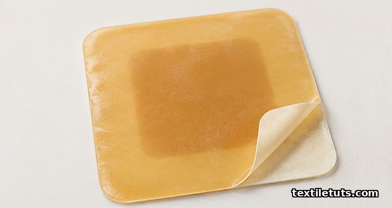 Hydrocolloid wound dressing showing translucent amber polyurethane laminate with a faint gel core, die-cut square on a matte surface.