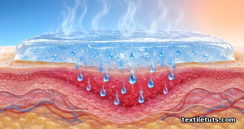 Cross-section of hydrogel dressing on skin showing moisture donation downward and evaporative cooling rising from the gel surface.