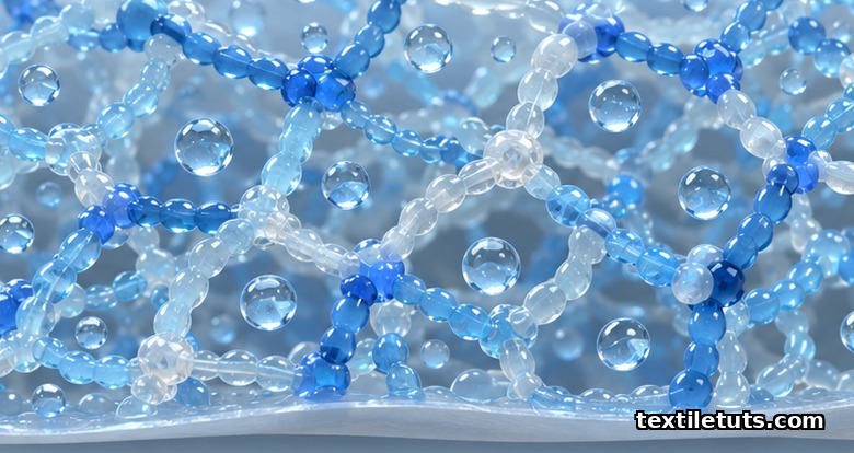 Cross-linked polymer network mesh of a hydrogel dressing holding water molecules inside a three-dimensional lattice structure.