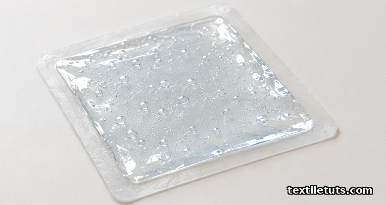 Translucent hydrogel sheet wound dressing bonded to a polyurethane backing film, with visible water content on the gel surface.