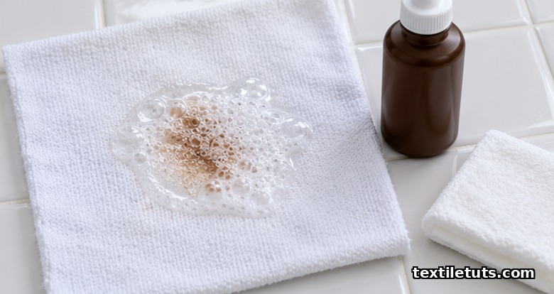 Hydrogen peroxide fizzing on a dried blood stain on white cotton fabric with a brown bottle and white cloth