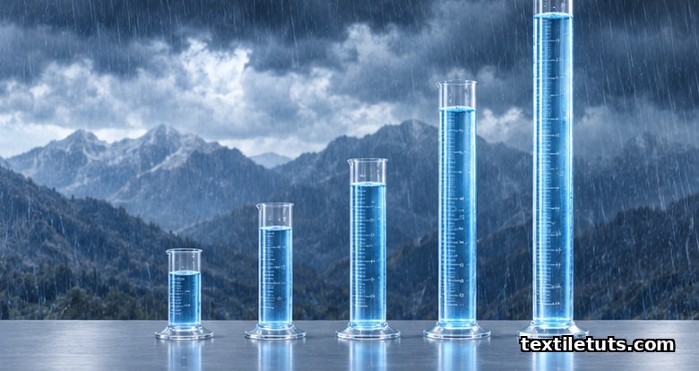 Five glass graduated water columns of increasing height representing hydrostatic head rating tiers from 500 mm up to 20,000 mm, with rain clouds behind.