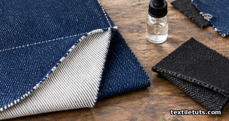 Worktable close-up of denim reverse side showing white ecru weft on indigo fabric and matched black weft on sulfur fabric.