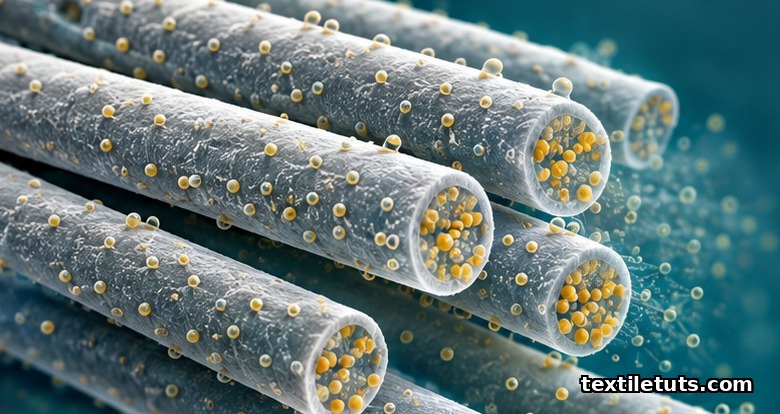 Microscopic view of biodegradable polymer fibers with embedded drug particles releasing therapeutic agent into surrounding tissue.