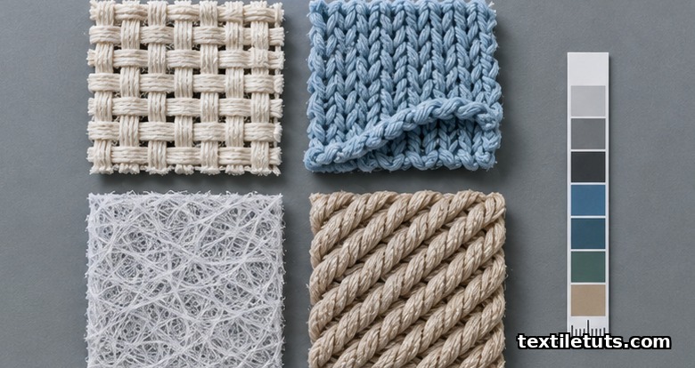 Side-by-side comparison of woven, knitted, electrospun nonwoven, and braided textile scaffold swatches for medical implants.